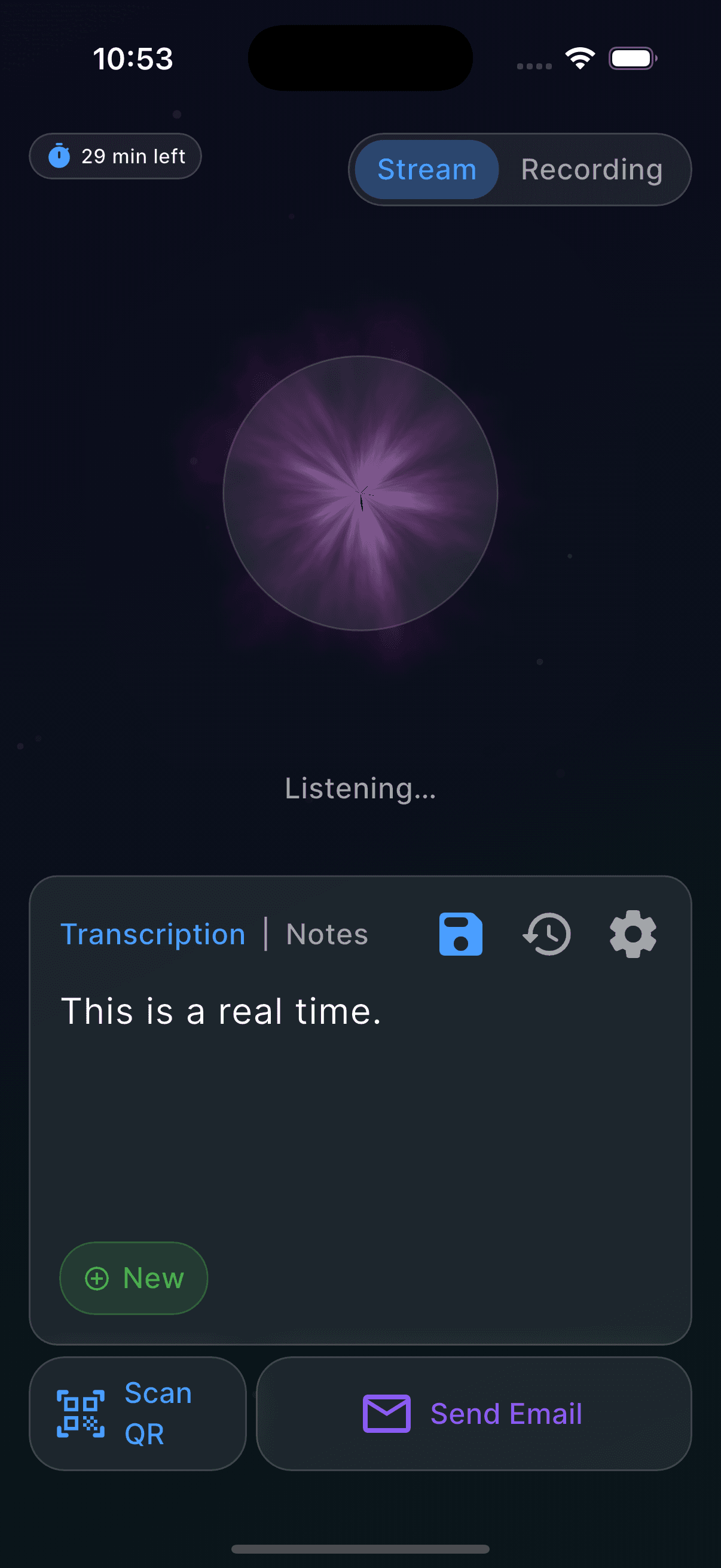 Live streaming transcription screen