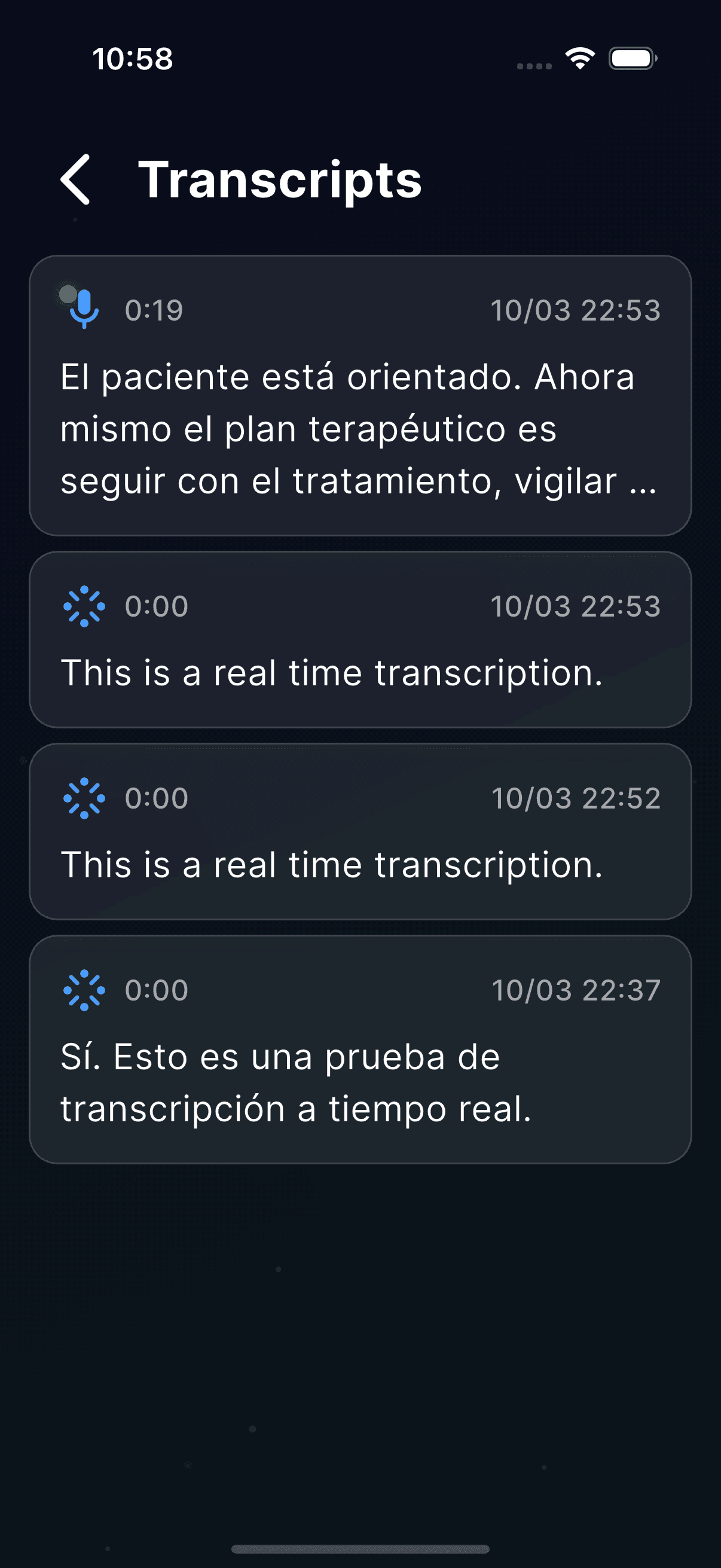 Transcripts list screen
